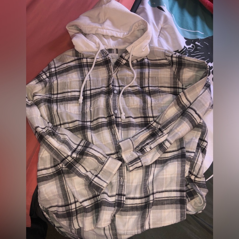 American Eagle Outfitters Plaid Hooded Shirt - Black and Cream